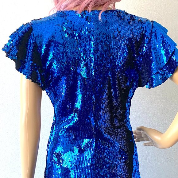 Blue Sequin Mini Dress Flutter Sleeves Disco Party Size Medium Statement Dress - Picture 5 of 9